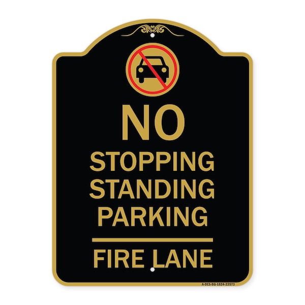 Signmission No Stopping Standing Fire Lane W/ Graphic, Black & Gold Aluminum Sign, 18" x 24", BG-1824-23573 A-DES-BG-1824-23573 - main